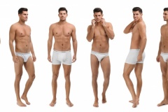 Collage of man in underwear on white background. Banner design