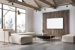 White and wooden living room corner, poster, sofa