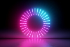 3d render, abstract background, round screen, ring, glowing dots, neon light, virtual reality, volume equalizer interface, hud, pink blue spectrum, vibrant colors, laser disc, floor reflection