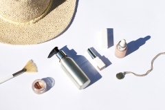Summer  white cosmetics flat lay . Top view beauty composition