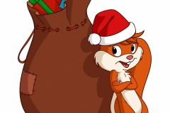 Cartoon christmas squirrel with bag of gift