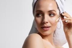 Beautiful woman in white towel with perfect skin applying moisturizing facial serum