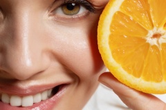 Cropped close up portrait of young smiling woman posing with slice of fresh orange. Advertising of natural cosmetics treatment, organic beauty products for healthy face skin. Skincare concept