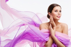 Woman Face Beauty, Fashion Model and Waving Fabric, Silk Cloth