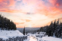 Beautiful Miles Canyon along the Yukon River outside of Whitehorse in northern Canada, Yukon Territory.  Winter time with bright day, snowy landscape and boreal forest with a bright pink sunrise.